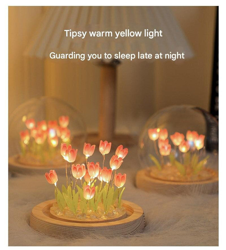 Thirteen Pink Tulips Glowing Tulip Dome Lamp - Wooden Base, Bedside Table Decoration