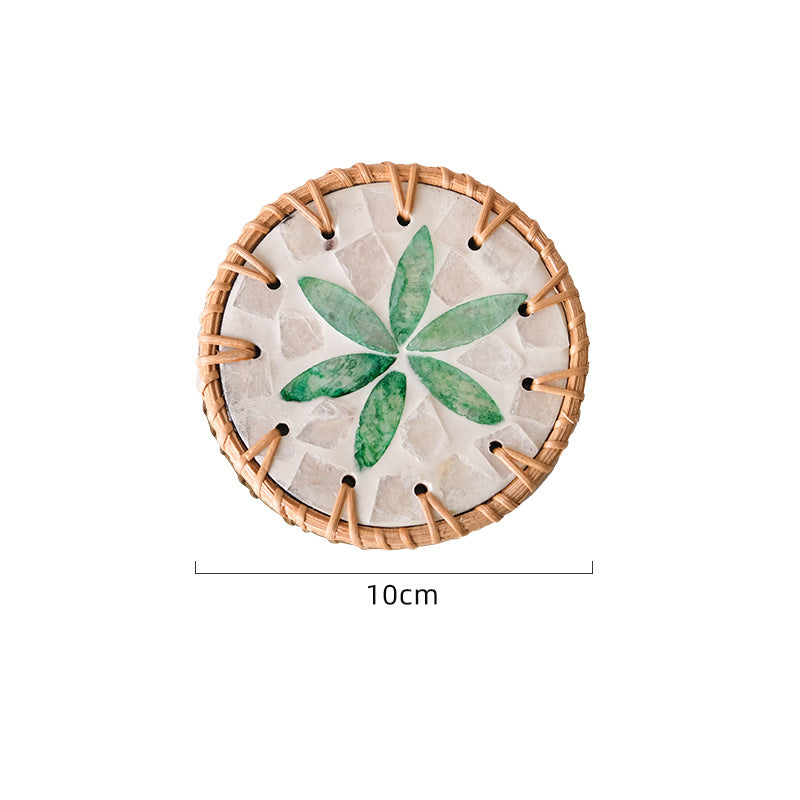Green Leaf Pattern Set of 5 Rattan & Shell Coasters - Decorative & Heat Resistant