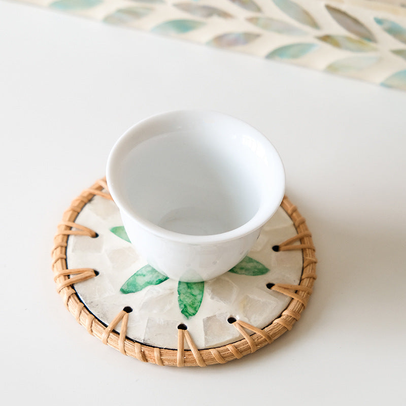 Green Leaf Pattern Set of 5 Rattan & Shell Coasters - Decorative & Heat Resistant