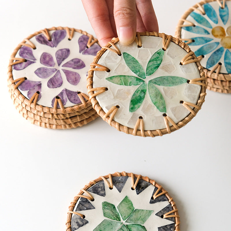 Green Leaf Pattern Set of 5 Rattan & Shell Coasters - Decorative & Heat Resistant