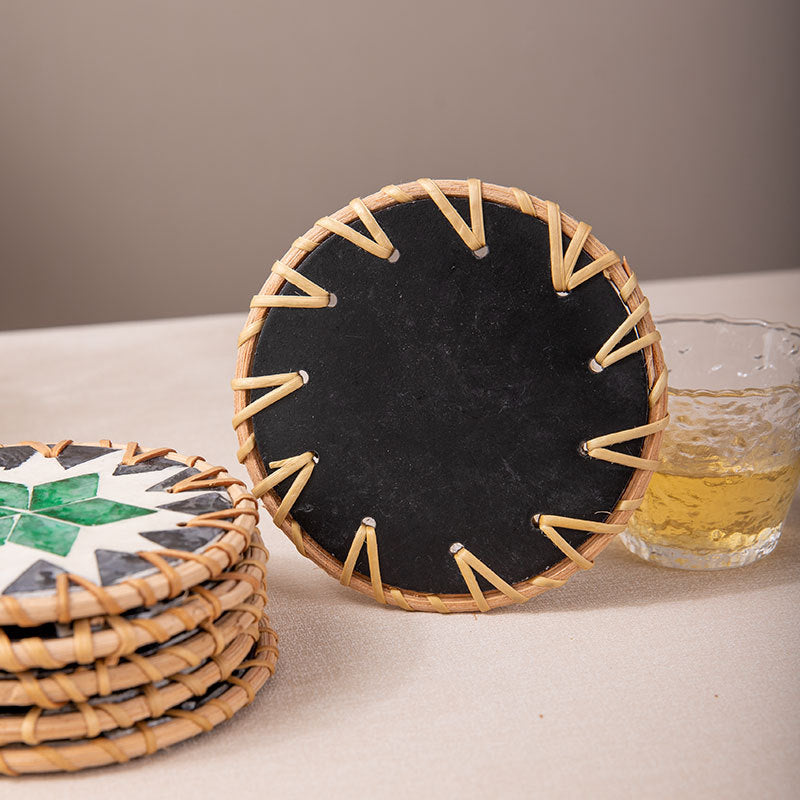 Green Leaf Pattern Set of 5 Rattan & Shell Coasters - Decorative & Heat Resistant