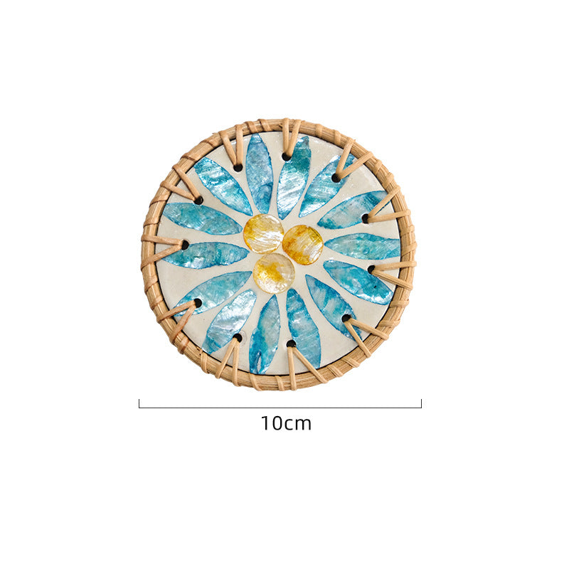 Blue Leaf Fruit Pattern Set of 5 Rattan & Shell Coasters - Decorative & Heat Resistant