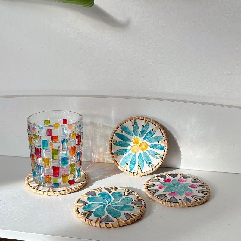 Blue Leaf Fruit Pattern Set of 5 Rattan & Shell Coasters - Decorative & Heat Resistant
