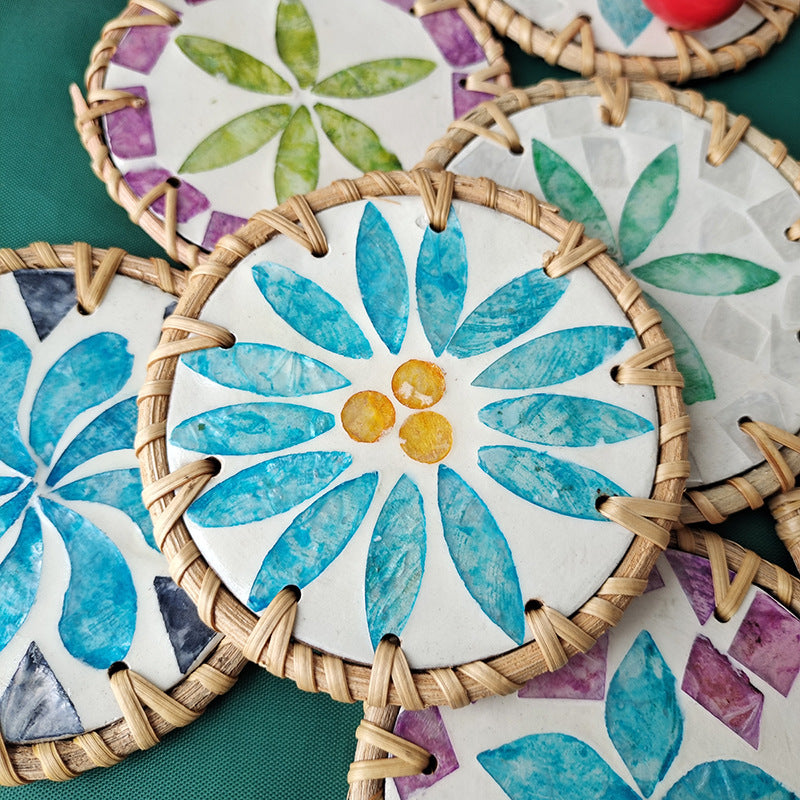 Blue Leaf Fruit Pattern Set of 5 Rattan & Shell Coasters - Decorative & Heat Resistant