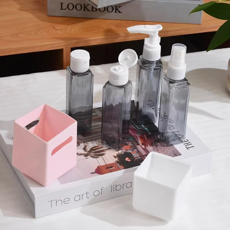 Square Pink 2-Piece 4-in-1 Travel Dispenser Set-Leakproof Refillable Bottles for Toiletries