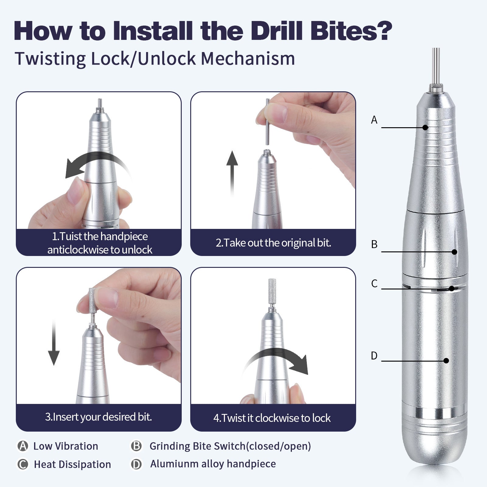 White Professional 45000RPM Rechargeable Nail Drill - Portable Electric Nail File for Manicure & Pedicure
