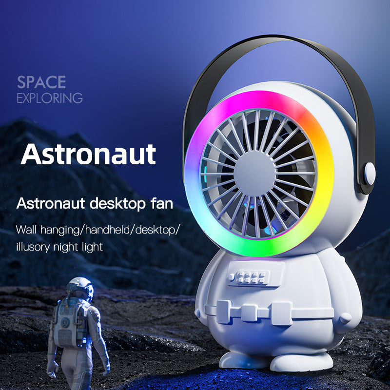 White Astronaut Portable Fan - USB Rechargeable Desk Fan with RGB Night Light