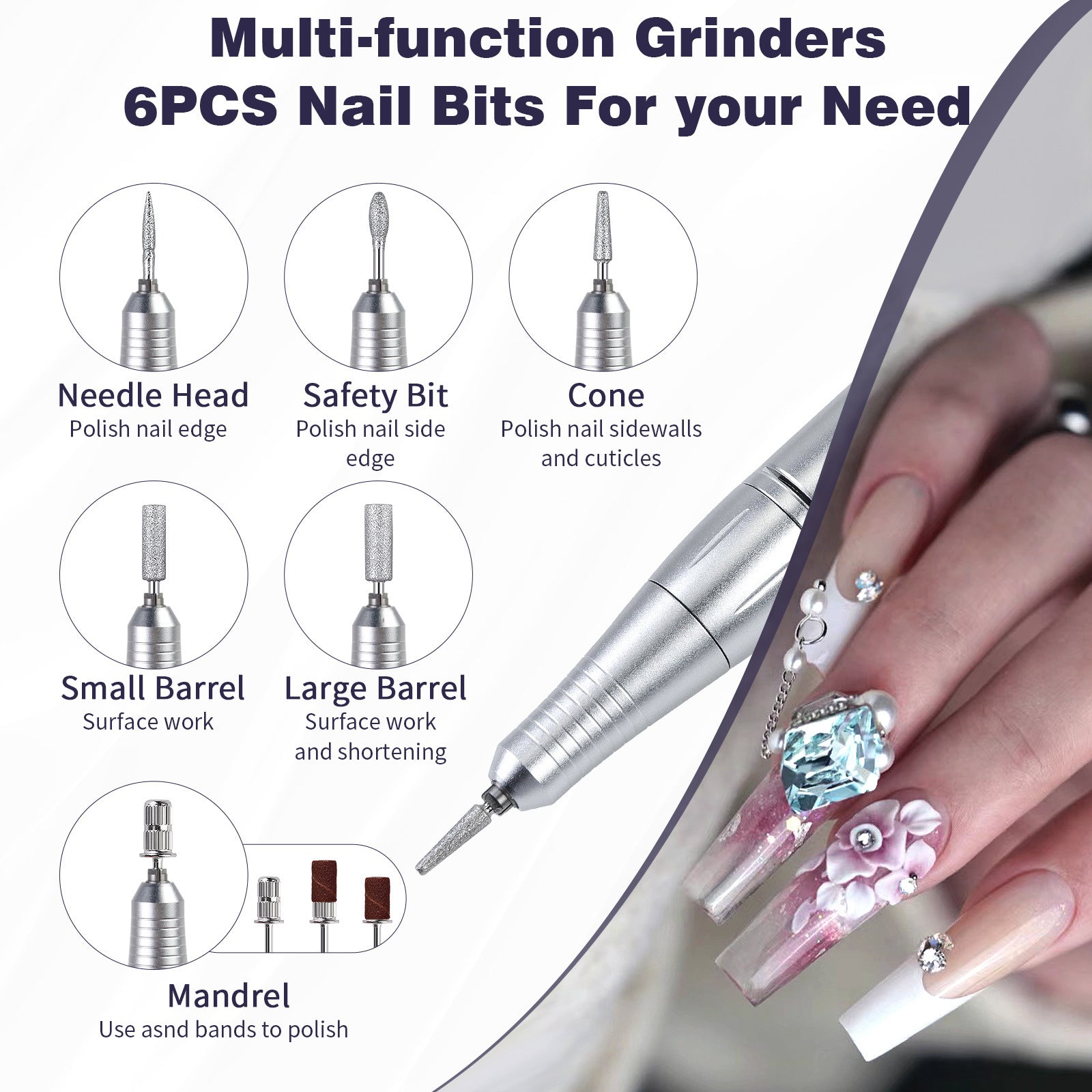 Pink High Speed Portable Nail Drill Set - Electric Nail File Set with 6 Nail Drill Bits
