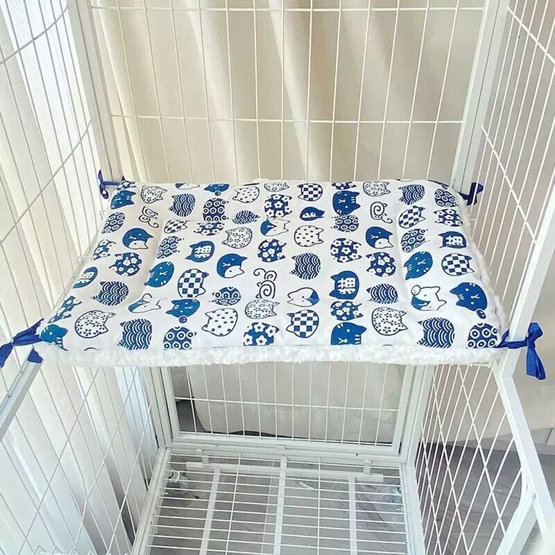 Tie-On Cat Cage Platform Pad - Blue cat pattern on white background 30x50cm