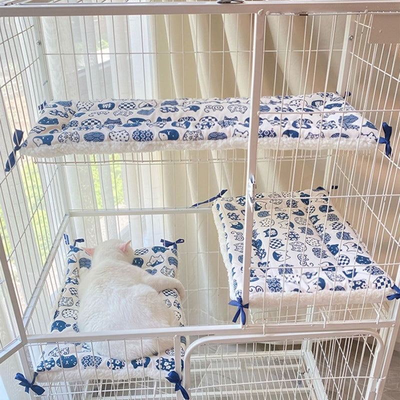 Tie-On Cat Cage Platform Pad - Blue cat pattern on white background 30x75cm