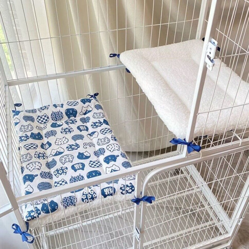 Tie-On Cat Cage Platform Pad - Blue cat pattern on white background 30x75cm