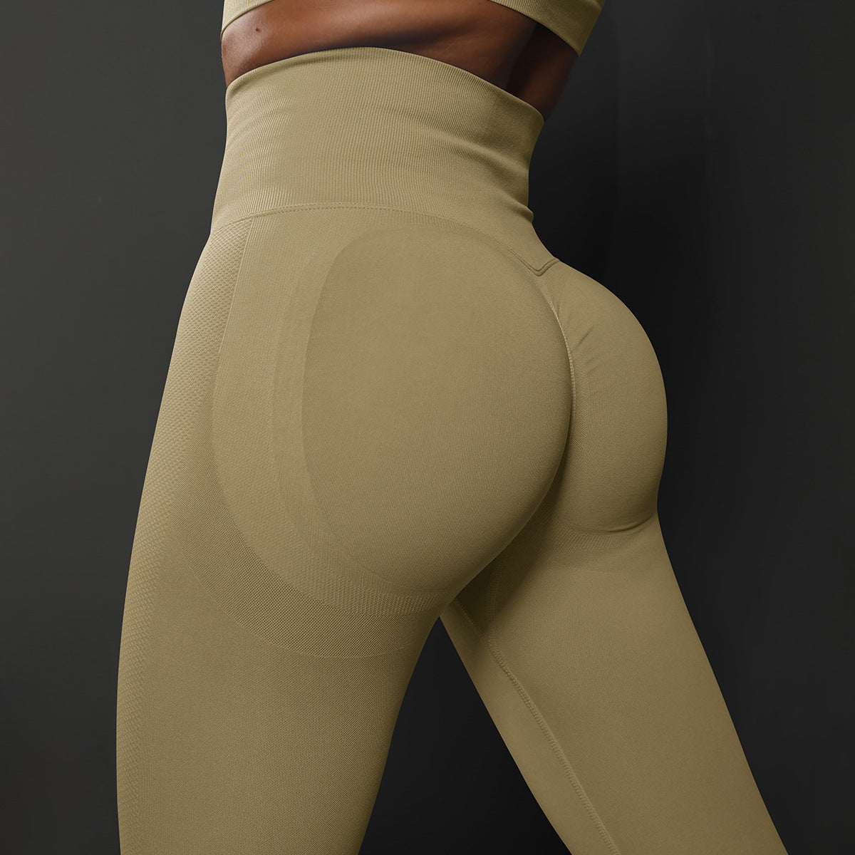 Size L Khaki Seamless High-Waisted Yoga Pants for Women - Lift Workout Leggings for Running, Gym, and Fitness