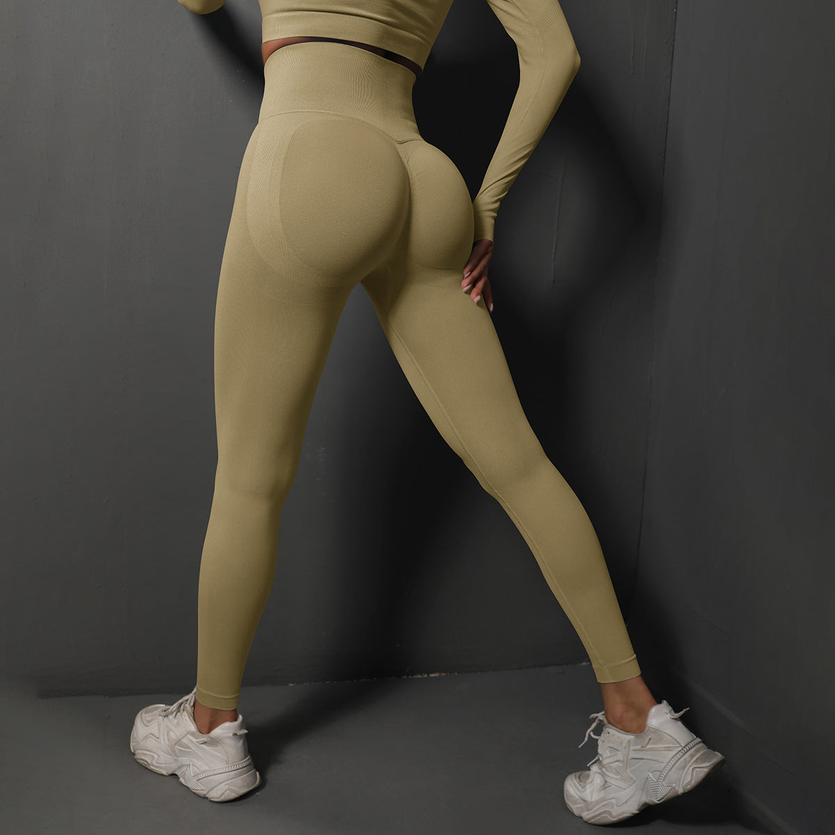 Size L Khaki Seamless High-Waisted Yoga Pants for Women - Lift Workout Leggings for Running, Gym, and Fitness