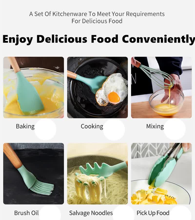 White And Brown 12-Piece Silicone Kitchen Utensil Set - Non-Stick Food-Grade Silicone Cooking Tools with Wooden Handles and Holder