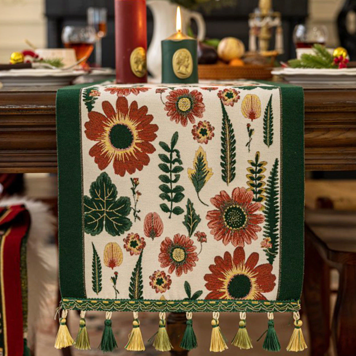 35x200cm Green Pastoral Table Runner - Spring Floral Oil Painting Style with Tassels