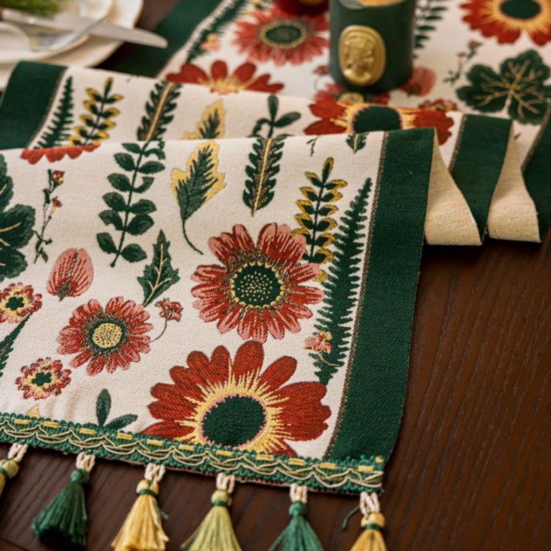 35x200cm Green Pastoral Table Runner - Spring Floral Oil Painting Style with Tassels