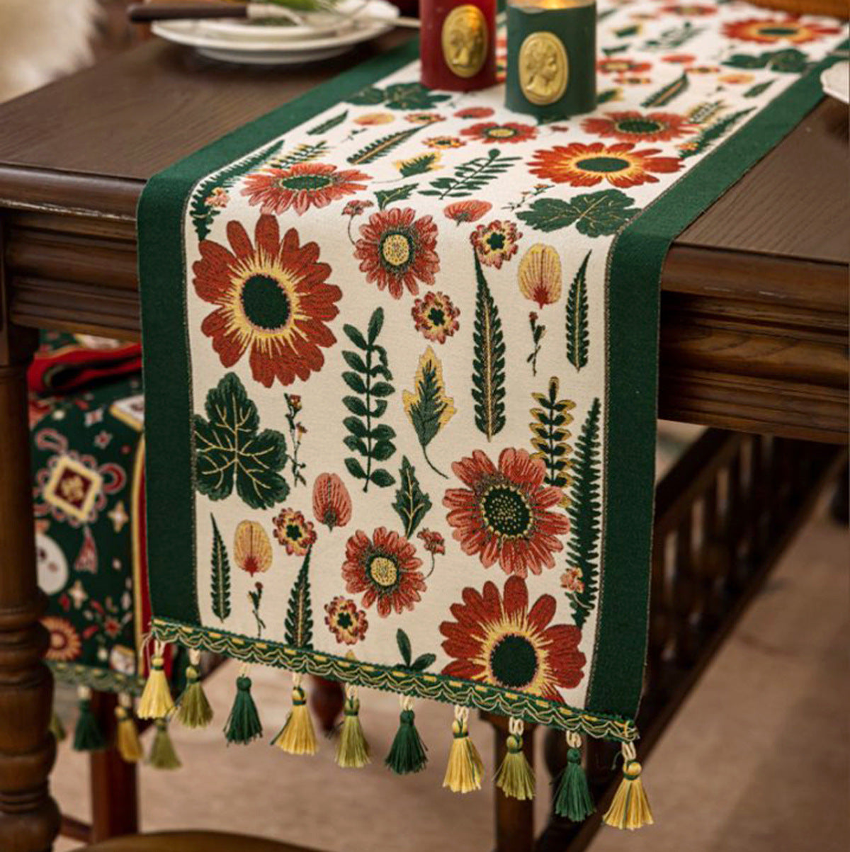 35x330cm Green Pastoral Table Runner - Spring Floral Oil Painting Style with Tassels
