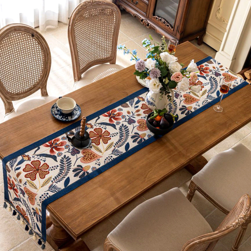 35x140cm Blue Pastoral Table Runner - Spring Floral Oil Painting Style with Tassels