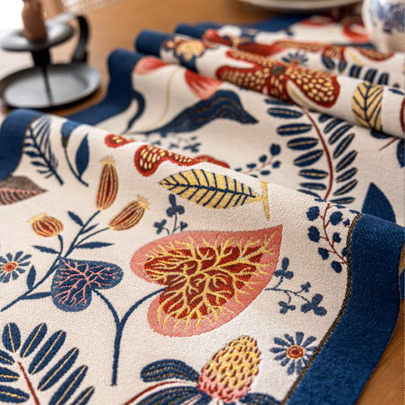 35x140cm Blue Pastoral Table Runner - Spring Floral Oil Painting Style with Tassels