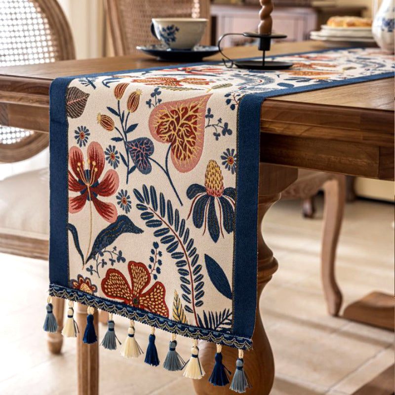 35x200cm Blue Pastoral Table Runner - Spring Floral Oil Painting Style with Tassels