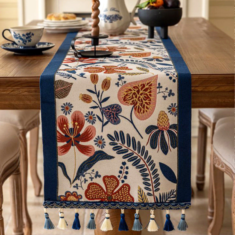35x330cm Blue Pastoral Table Runner - Spring Floral Oil Painting Style with Tassels