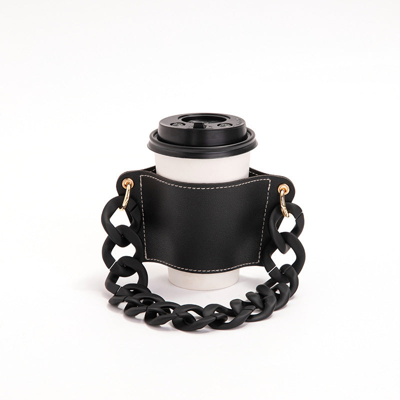 2 Pcs Black Detachable Chain Coffee Cup Sleeve - PU Leather Insulated Cup Holder with Handle, 16cm Top, 70g Cup not included, only cup sleeve and chain