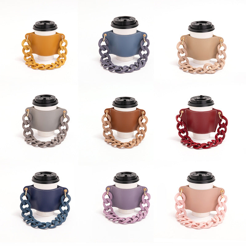 2 Pcs Khaki Detachable Chain Coffee Cup Sleeve - PU Leather Insulated Cup Holder with Handle, 16cm Top, 70g Cup not included, only cup sleeve and chain