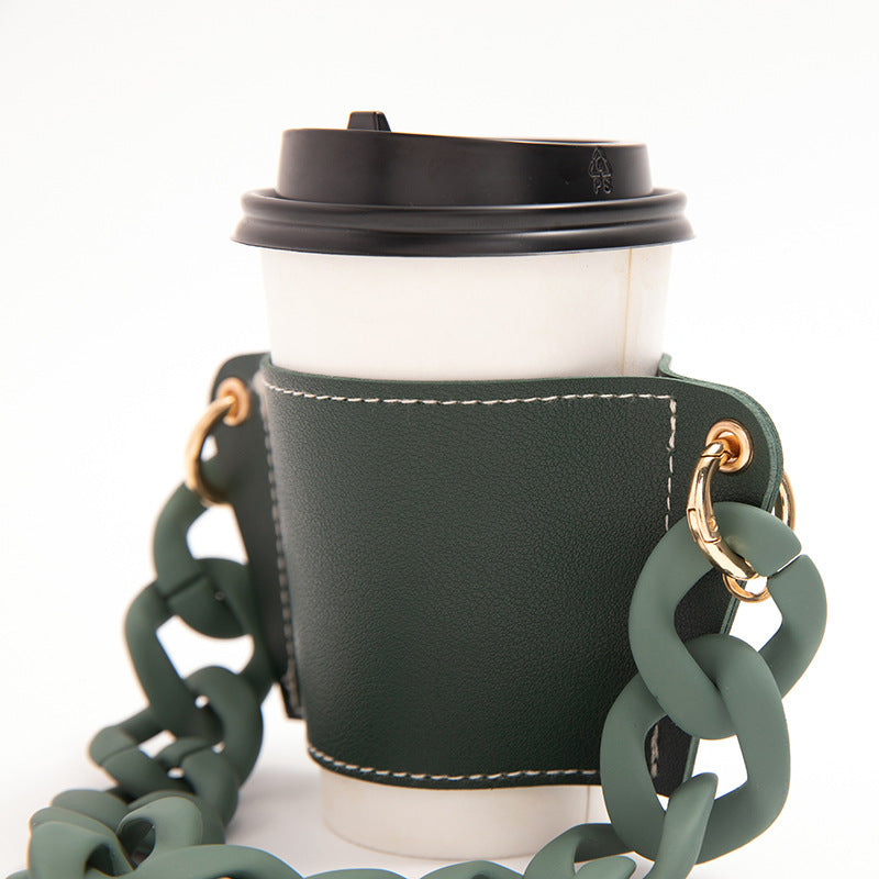 2 Pcs Khaki Detachable Chain Coffee Cup Sleeve - PU Leather Insulated Cup Holder with Handle, 16cm Top, 70g Cup not included, only cup sleeve and chain