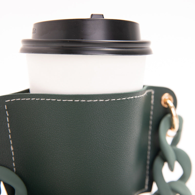 2 Pcs Khaki Detachable Chain Coffee Cup Sleeve - PU Leather Insulated Cup Holder with Handle, 16cm Top, 70g Cup not included, only cup sleeve and chain
