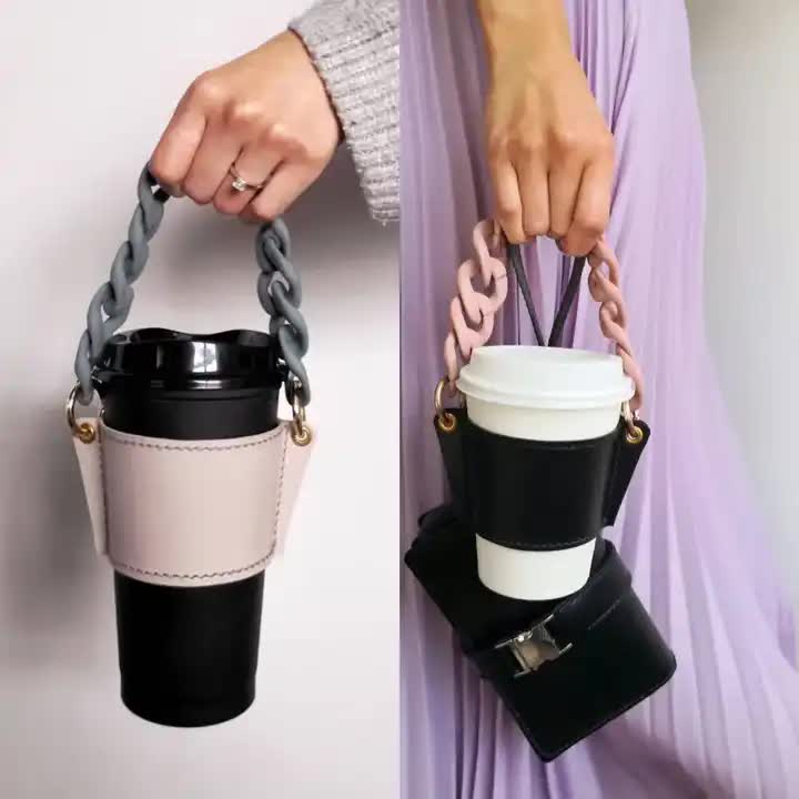 2 Pcs Khaki Detachable Chain Coffee Cup Sleeve - PU Leather Insulated Cup Holder with Handle, 16cm Top, 70g Cup not included, only cup sleeve and chain