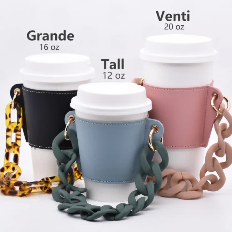 2 Pcs Khaki Detachable Chain Coffee Cup Sleeve - PU Leather Insulated Cup Holder with Handle, 16cm Top, 70g Cup not included, only cup sleeve and chain