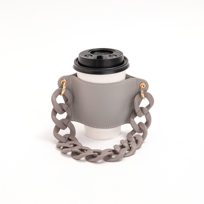 2 Pcs Grey Detachable Chain Coffee Cup Sleeve - PU Leather Insulated Cup Holder with Handle, 16cm Top, 70g Cup not included, only cup sleeve and chain