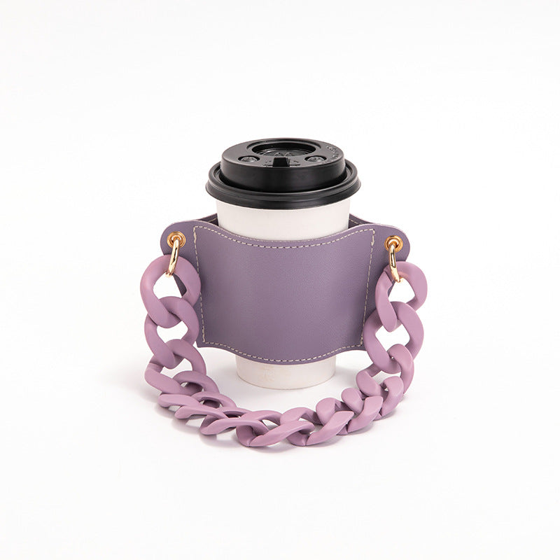 2 Pcs Purple Detachable Chain Coffee Cup Sleeve - PU Leather Insulated Cup Holder with Handle, 16cm Top, 70g Cup not included, only cup sleeve and chain