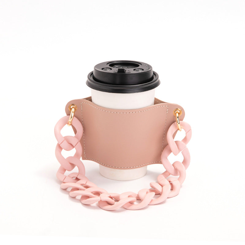 2 Pcs Pink Detachable Chain Coffee Cup Sleeve - PU Leather Insulated Cup Holder with Handle, 16cm Top, 70g Cup not included, only cup sleeve and chain