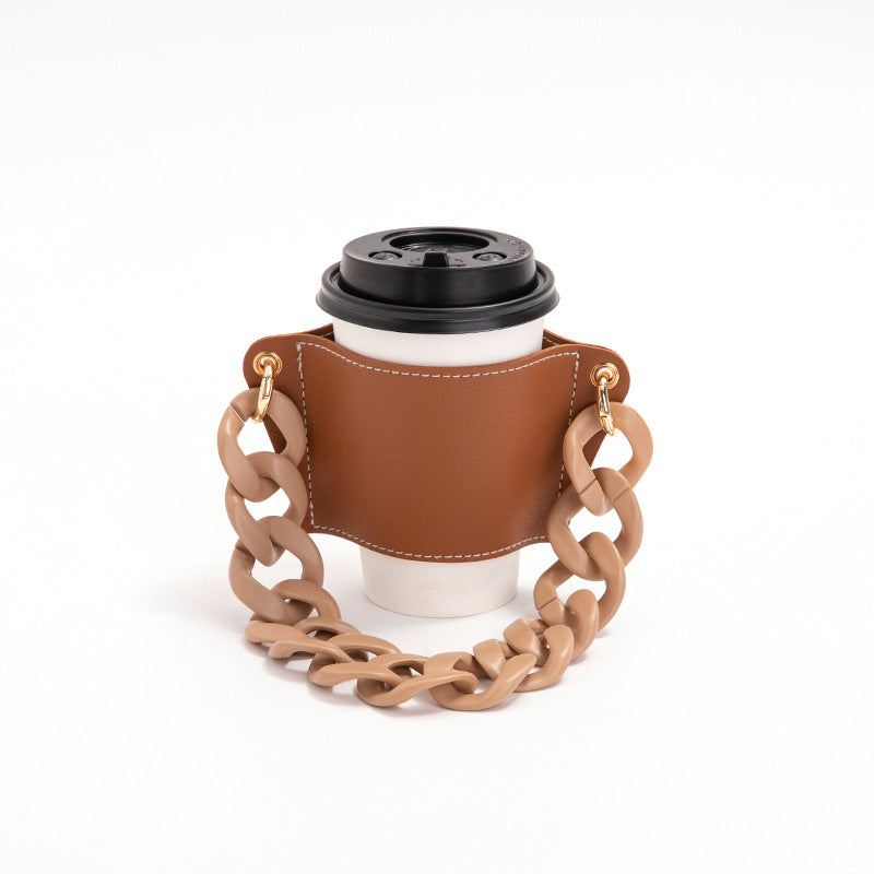 2 Pcs Brown Detachable Chain Coffee Cup Sleeve - PU Leather Insulated Cup Holder with Handle, 16cm Top, 70g Cup not included, only cup sleeve and chain