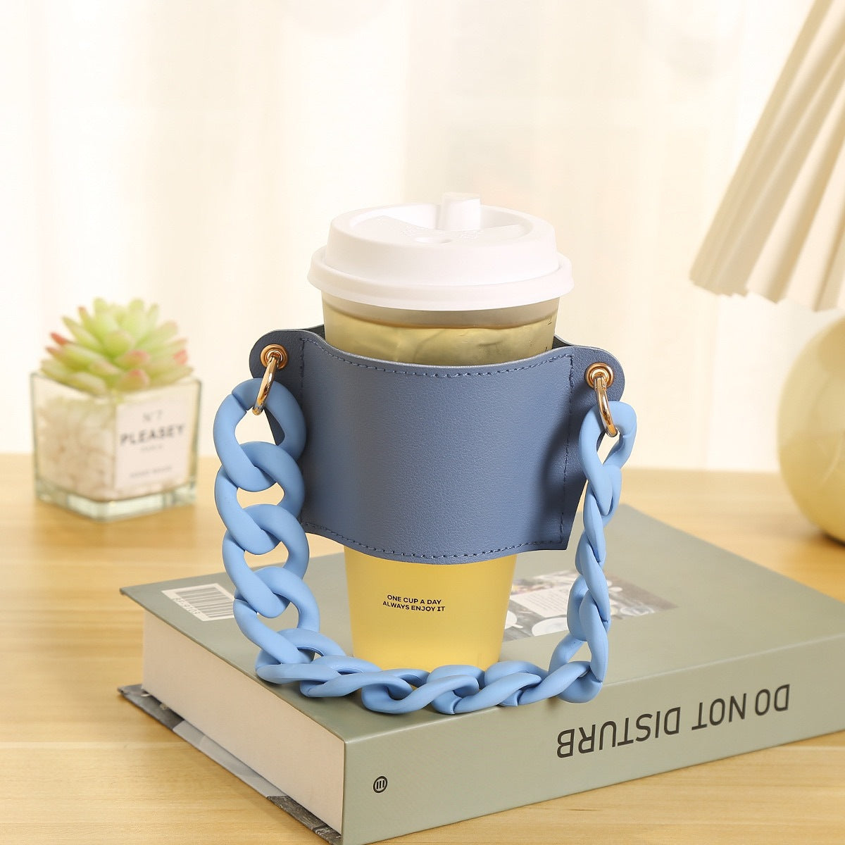 2 Pcs Blue Detachable Chain Coffee Cup Sleeve - PU Leather Insulated Cup Holder with Handle, 16cm Top, 70g Cup not included, only cup sleeve and chain