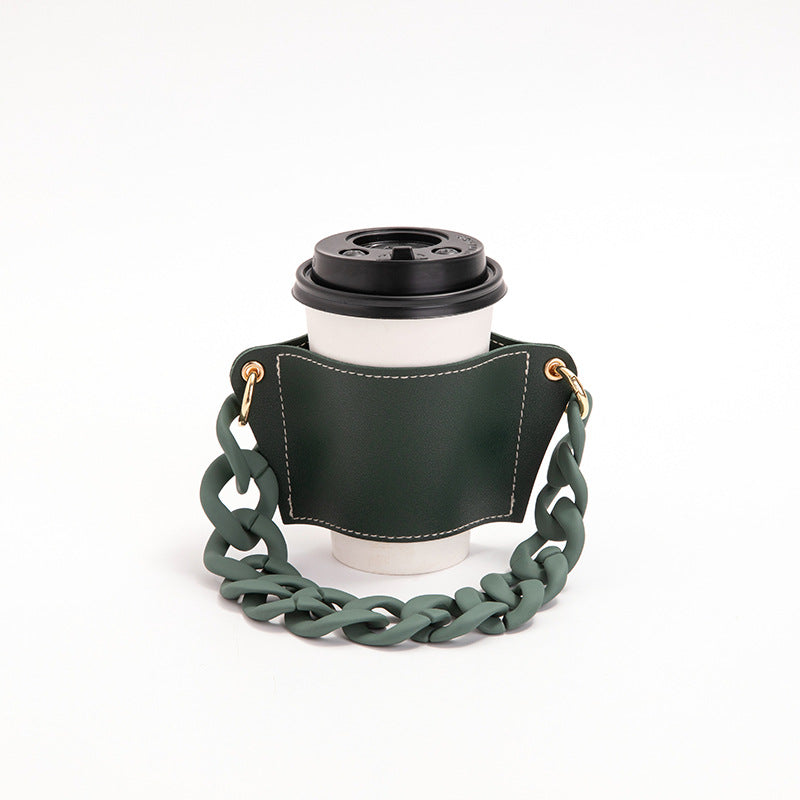 2 Pcs Dark Green Detachable Chain Coffee Cup Sleeve - PU Leather Insulated Cup Holder with Handle, 16cm Top, 70g Cup not included, only cup sleeve and chain