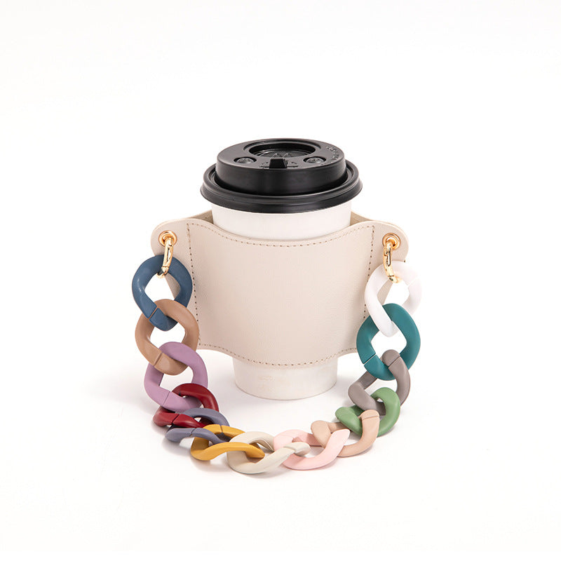 2 Pcs Beige And colored chain Detachable Chain Coffee Cup Sleeve - PU Leather Insulated Cup Holder with Handle, 16cm Top, 70g Cup not included, only cup sleeve and chain
