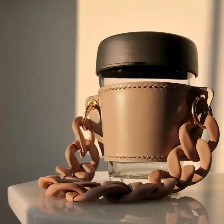 2 Pcs Beige And colored chain Detachable Chain Coffee Cup Sleeve - PU Leather Insulated Cup Holder with Handle, 16cm Top, 70g Cup not included, only cup sleeve and chain