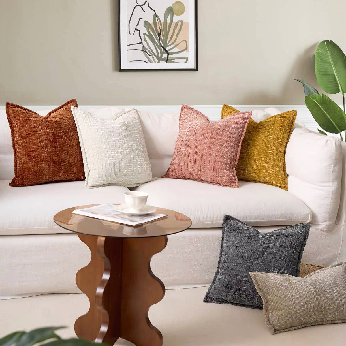 Beige Chenille Crosshatch Textured Pillow Covers Set of 2 - Modern Minimalist Sofa Bed Cushion Covers 45x45cm & 30x50cm without pillow core