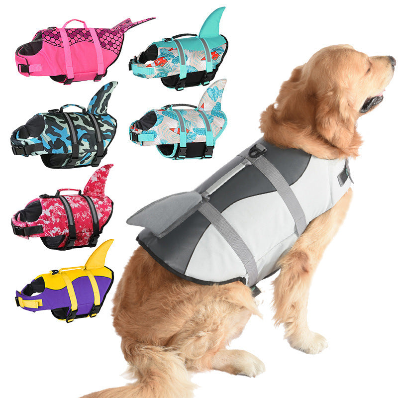 Size XL Beige And Blue Sailboat Pattern Pet Life Jacket for Dogs - Summer Swimming Safety Vest with Shark Fin for Small to Large Breeds