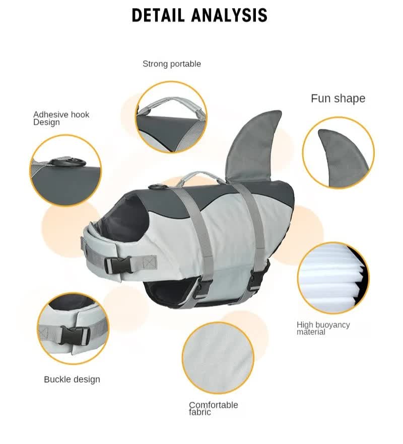 Size XL Beige And Blue Sailboat Pattern Pet Life Jacket for Dogs - Summer Swimming Safety Vest with Shark Fin for Small to Large Breeds