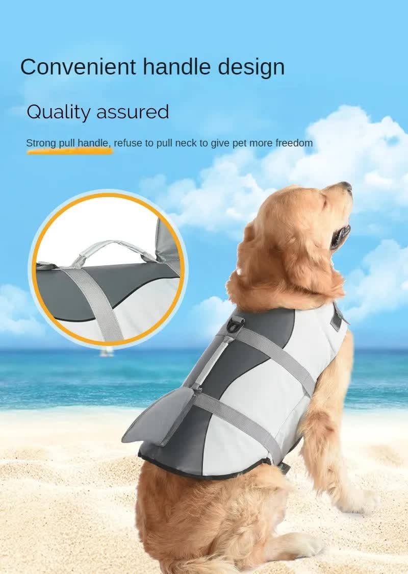 Size XL Beige And Blue Sailboat Pattern Pet Life Jacket for Dogs - Summer Swimming Safety Vest with Shark Fin for Small to Large Breeds