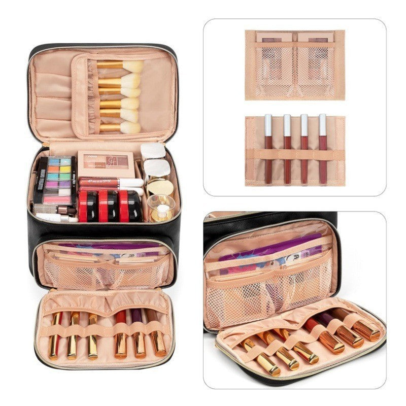 Black Portable Travel Makeup Bag with Brush Compartment - Stylish PU Leather Cosmetic Organizer for Skincare and Toiletry Storage