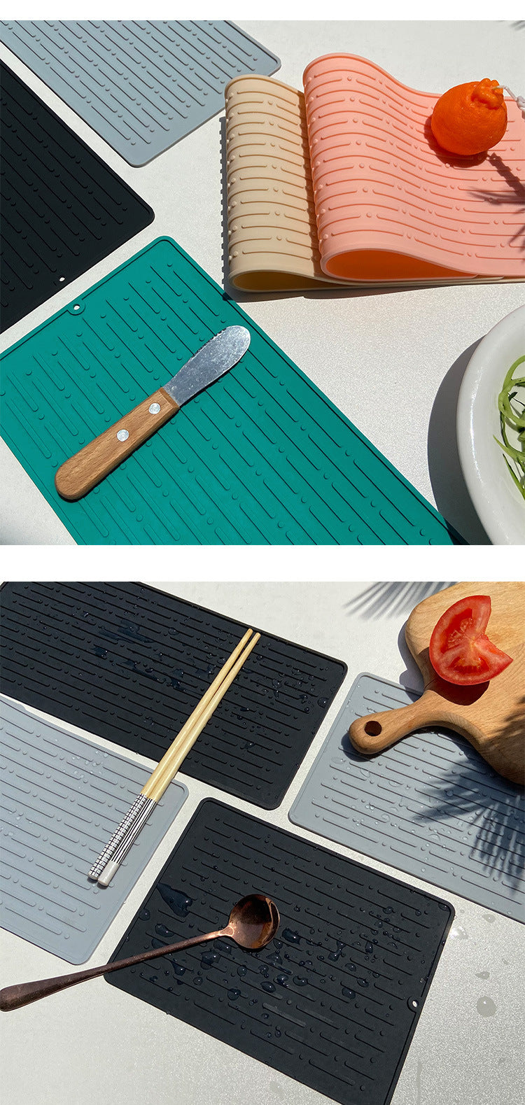 30*14.5CM Green Silicone Draining Mat 4-Pack - Heat-Resistant Non-Slip Kitchen and Bathroom Pad for Cups and Utensils