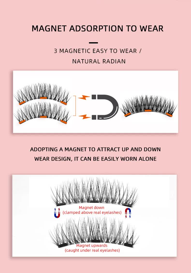 Style 1 Black Magnetic False Eyelashes Kit - 3 Pairs with Applicator Clip and Mirror Case