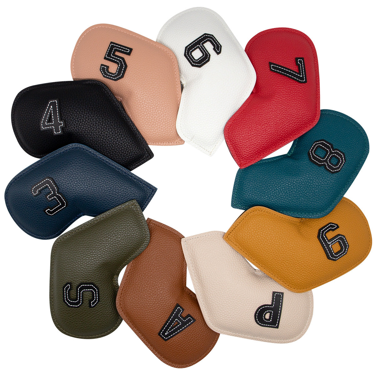 White Golf Iron Head Covers Set of 10 - Waterproof PU Leather Club Protectors with Embroidered Numbers 3-9, P, A, S