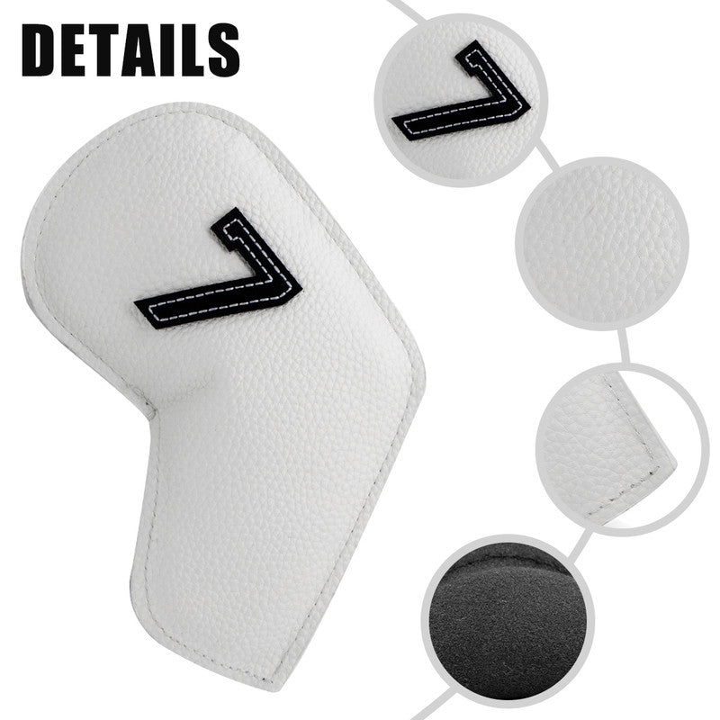 White Golf Iron Head Covers Set of 10 - Waterproof PU Leather Club Protectors with Embroidered Numbers 3-9, P, A, S