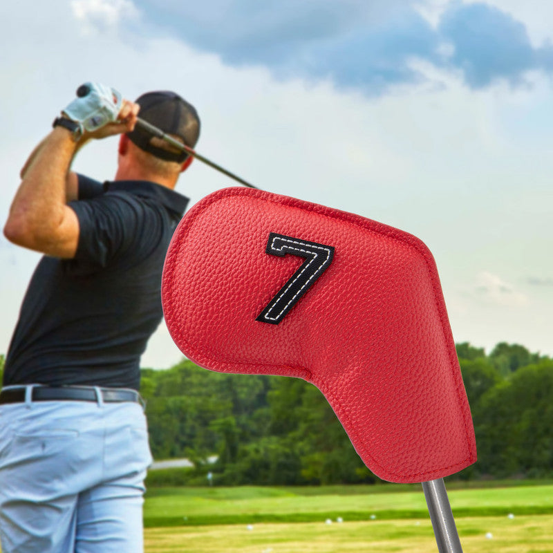 Red Golf Iron Head Covers Set of 10 - Waterproof PU Leather Club Protectors with Embroidered Numbers 3-9, P, A, S