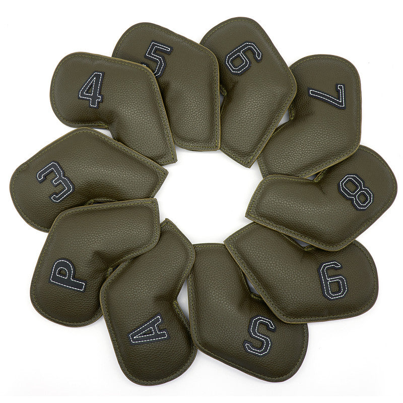 Gray Green Golf Iron Head Covers Set of 10 - Waterproof PU Leather Club Protectors with Embroidered Numbers 3-9, P, A, S